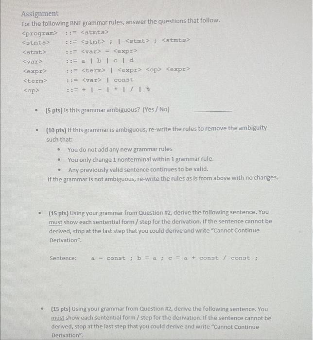 Solved Assignment For The Following BNF Grammar Rules, | Chegg.com