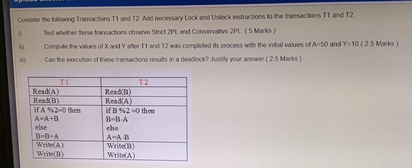 Solved Consider The Following Transactions T1 And T2. Add | Chegg.com