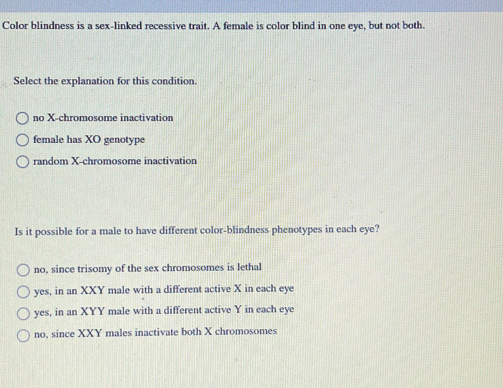 Solved Color blindness is a sex-linked recessive trait. A | Chegg.com