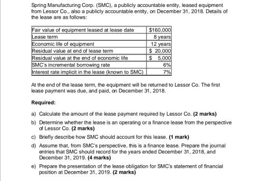 Solved Spring Manufacturing Corp Smc A Publicly Chegg Com