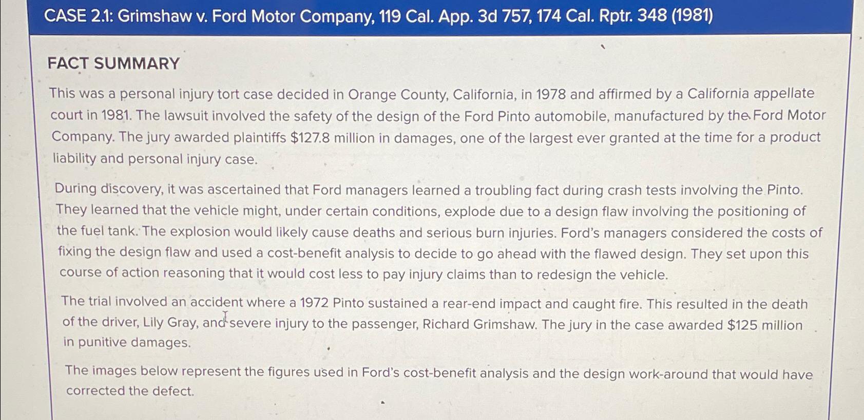 Solved C• ﻿ASE 2.1 Grimshaw v. ﻿Ford Motor Company, 119