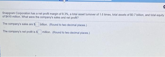 Solved Snapgram Corporation has a net profit margin of 8.3%, | Chegg.com