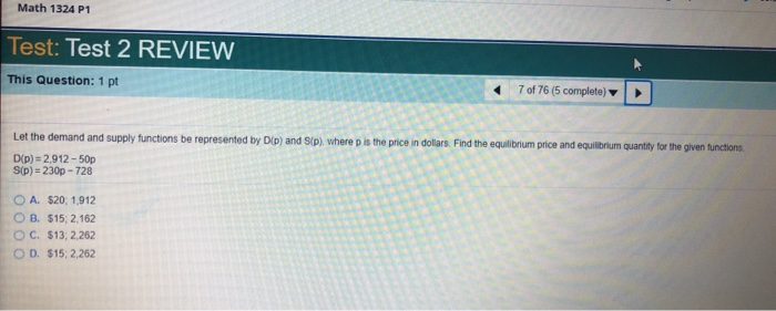 Solved Math 1324 P1 Test: Test 2 REVIEW This Question: 1 pt | Chegg.com