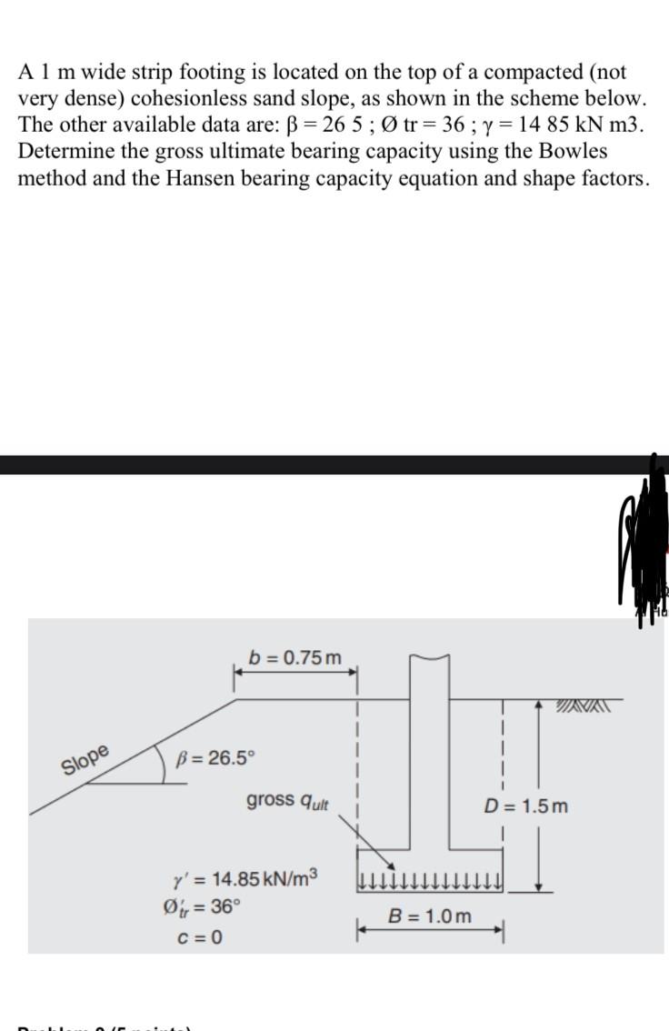 A \( 1 \mathrm{~m} \) wide strip footing is located on the top of a compacted (not very dense) cohesionless sand slope, as sh