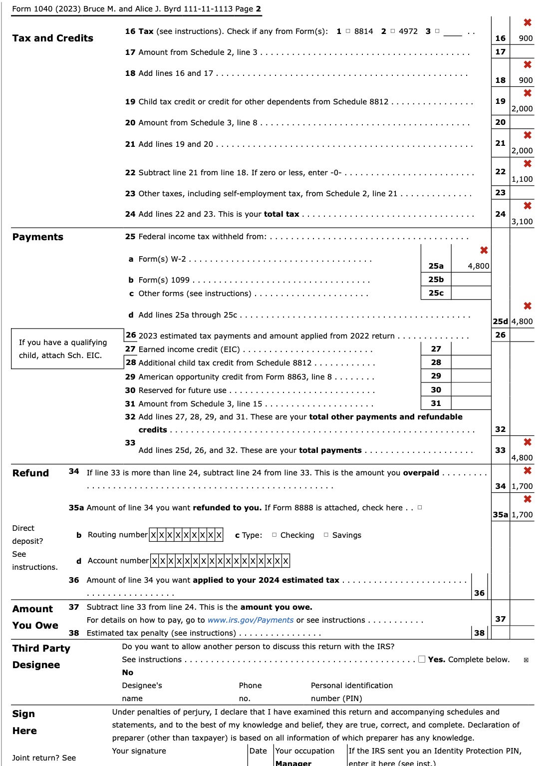 Solved can you guide me where I went wrong on my 1040 form | Chegg.com