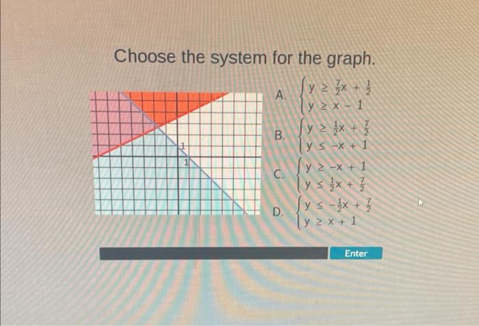 Choose the system for the graph. A. \( \left\{\begin{array}{l}y \geq \frac{7}{2} x+\frac{1}{2} \\ y \geq x-1\end{array}\right