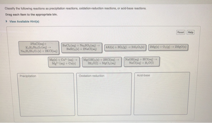 Solved Classify The Following Reactions As Precipitation | Chegg.com