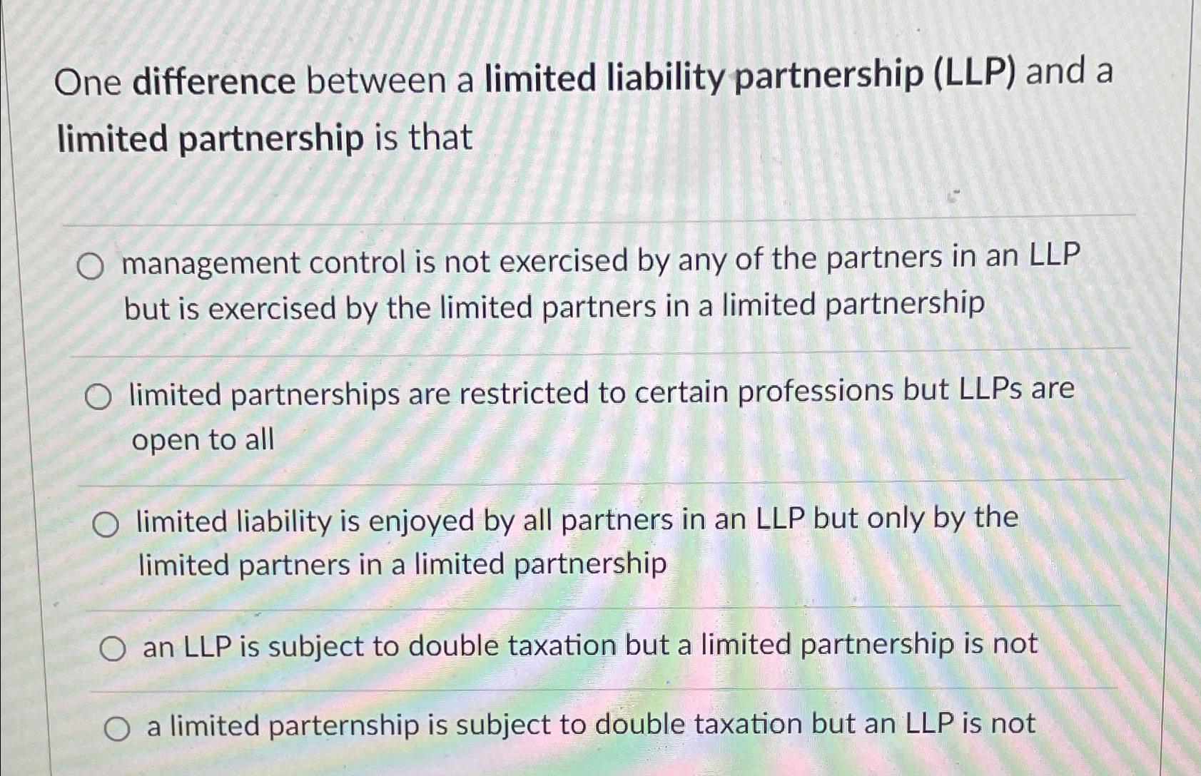 Solved One Difference Between A Limited Liability | Chegg.com