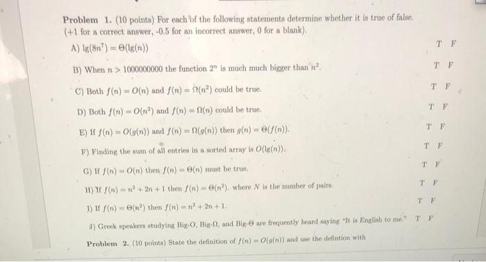 Solved Problem 1. (10 points) For each of the following | Chegg.com