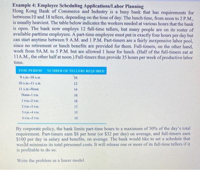 Solved Example 4: Employee Scheduling Applications/Labor | Chegg.com