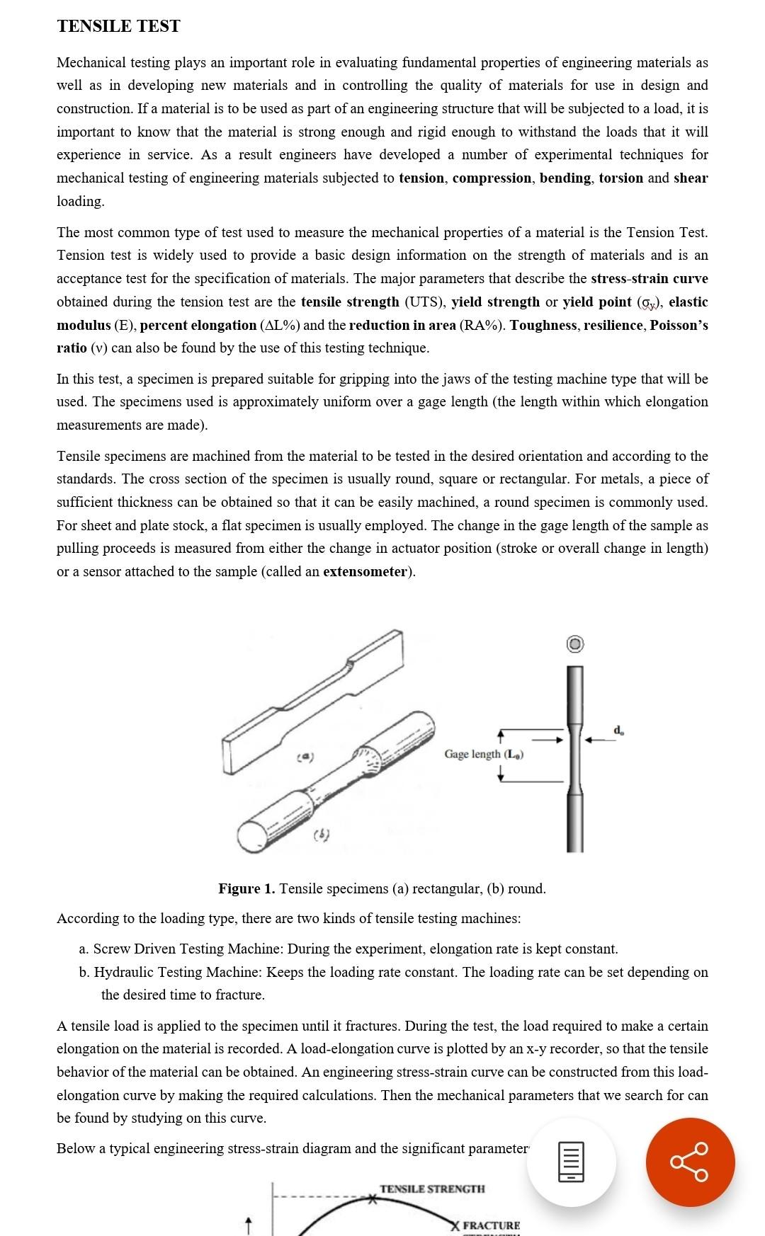 Solved TENSILE TEST Mechanical testing plays an important | Chegg.com
