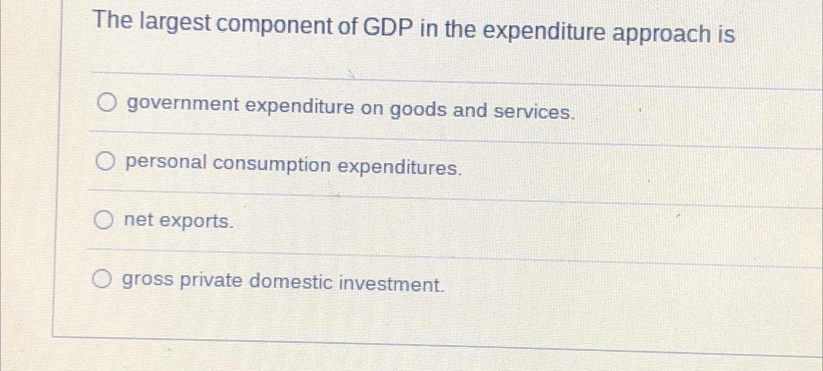 Solved The largest component of GDP in the expenditure Chegg