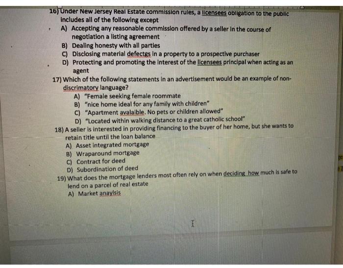 Solved 16) Under New Jersey Real Estate commission rules, a