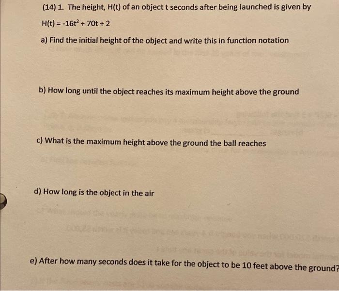 Solved (14) 1. The height, H(t) of an object t seconds after | Chegg.com