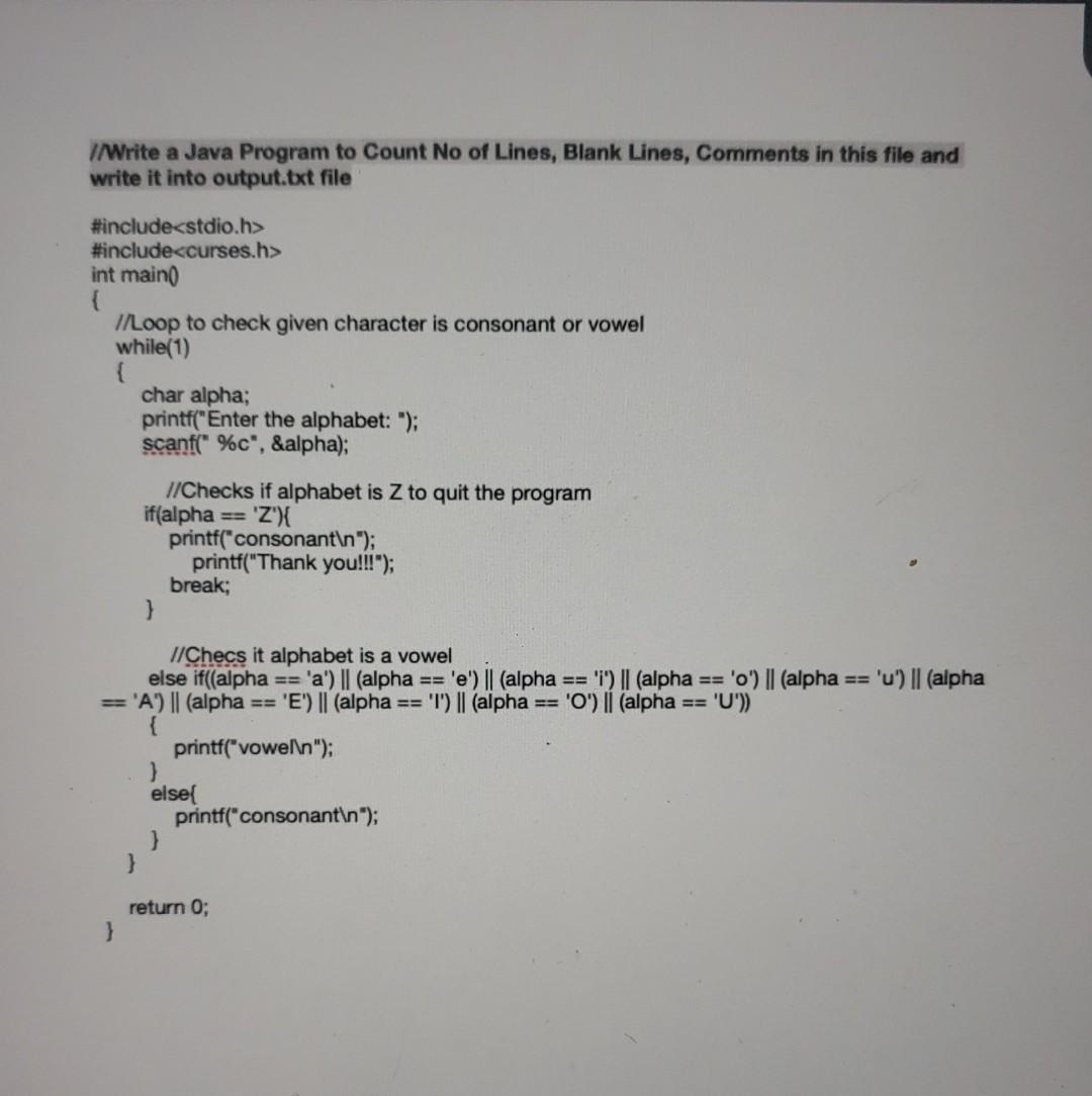 Solved I/Write a Java Program to Count No of Lines, Blank | Chegg.com