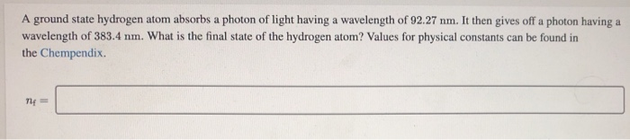 Solved A Ground State Hydrogen Atom Absorbs A Photon Of | Chegg.com