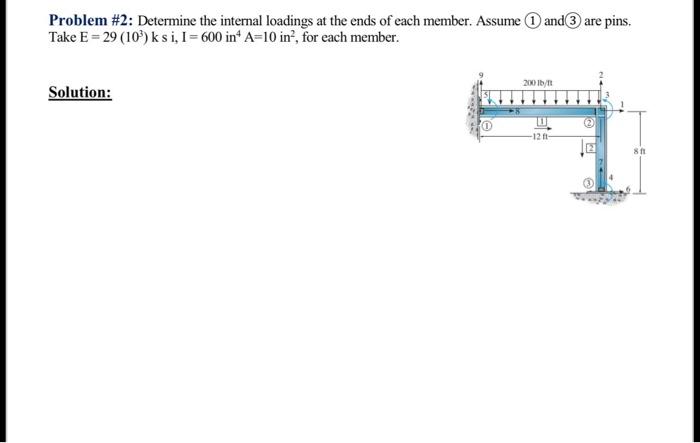 Problem \#2: Determine the internal loadings at the ends of each member. Assume (1) and (3) are pins. Take \( \mathrm{E}=29\l