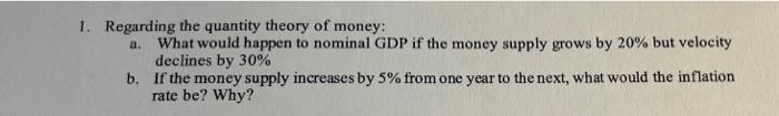 Solved 1. Regarding the quantity theory of money: a. What | Chegg.com