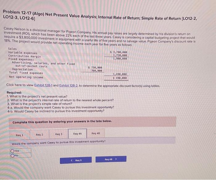 Solved Problem 12-17 (Algo) Net Present Value Analysis; | Chegg.com