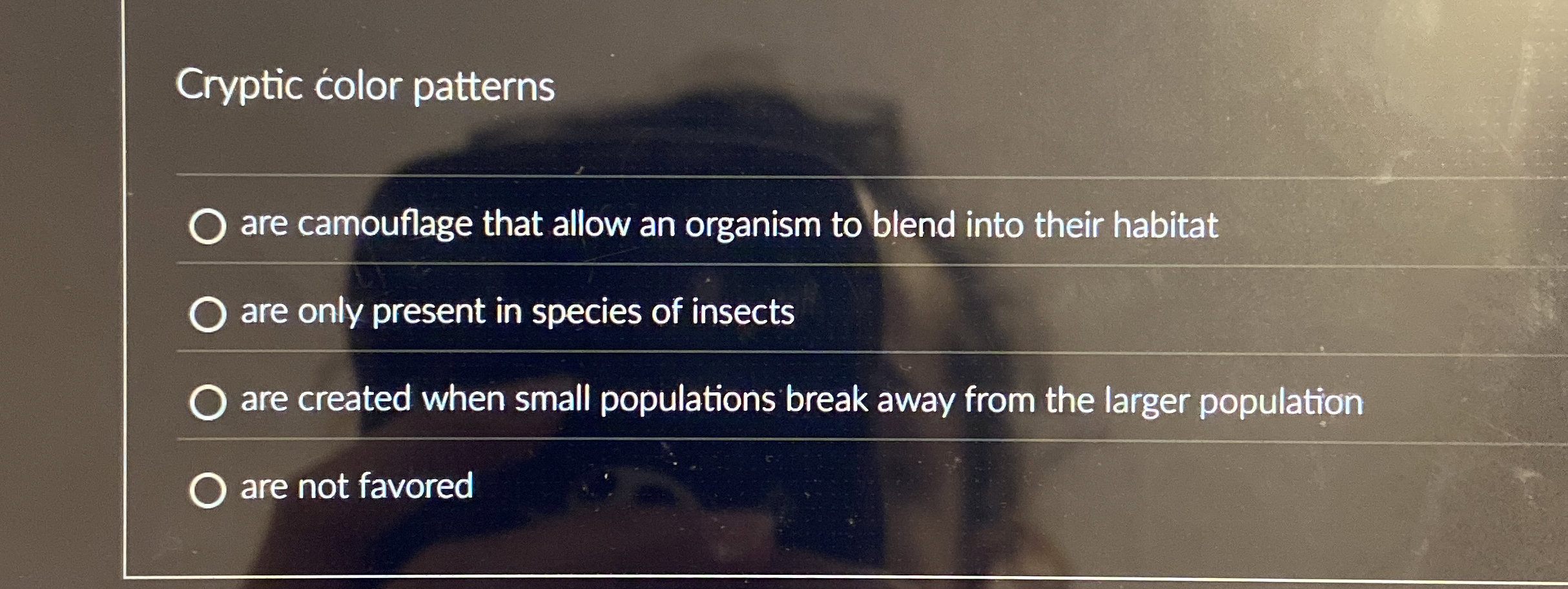 Solved Cryptic ćolor patternsare camouflage that allow an | Chegg.com
