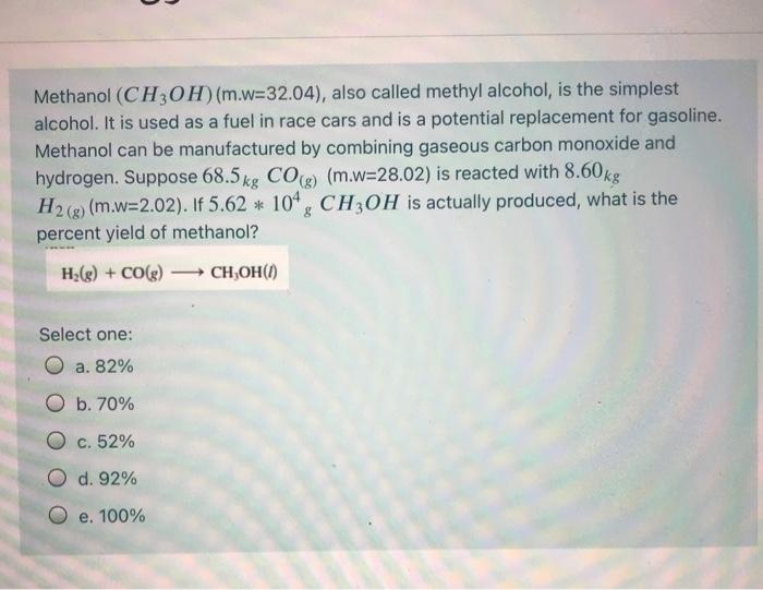 Solved Methanol Ch3ohmw3204 Also Called Methyl 9728