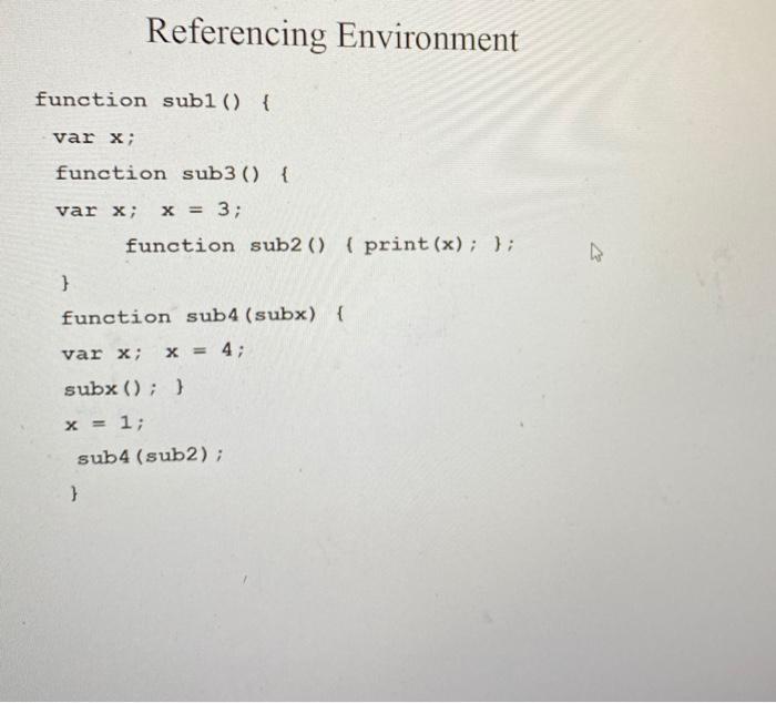 Solved Referencing Environment function subi () { var X; | Chegg.com