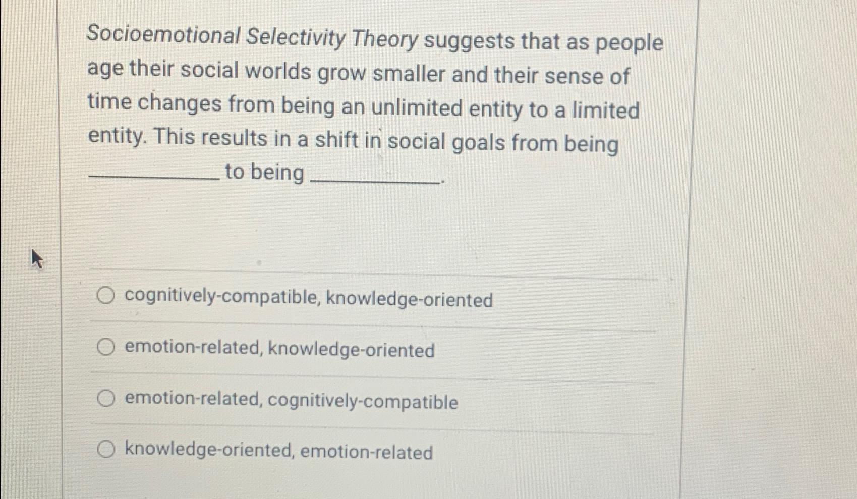 Solved Socioemotional Selectivity Theory suggests that as | Chegg.com