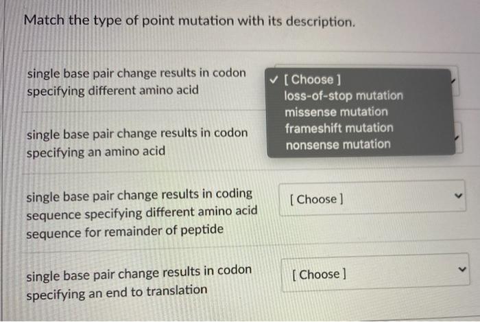 Solved Match the type of point mutation with its | Chegg.com