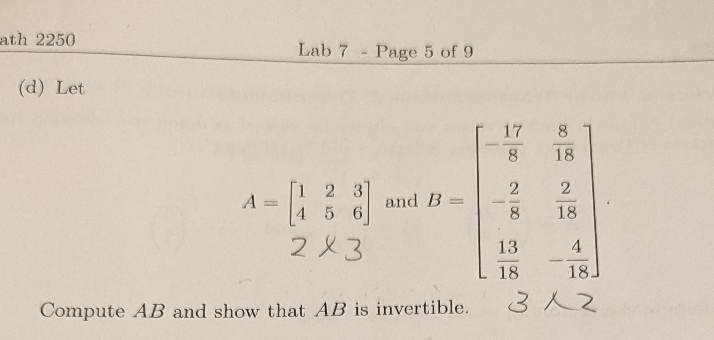 Compute Ab Solved Math 2250 (d) A = 1 2 3 4 5 6 B | Chegg.com