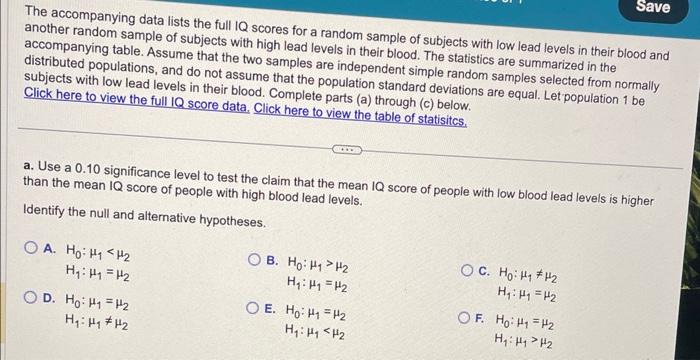 Solved The accompanying data lists the full IQ scores for a | Chegg.com