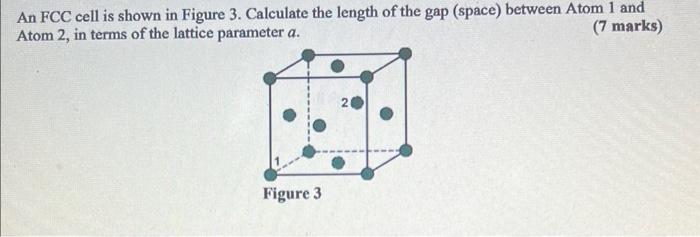 An FCC cell is shown in Figure 3. Calculate the length of the gap (space) between Atom 1 and Atom 2, in terms of the lattice 