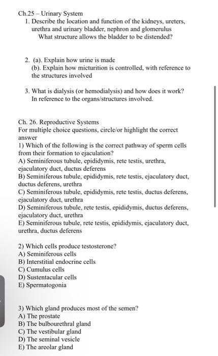 Ch.25 - Urinary System
1. Describe the location and function of the kidneys, ureters, urethra and urinary bladder, nephron an