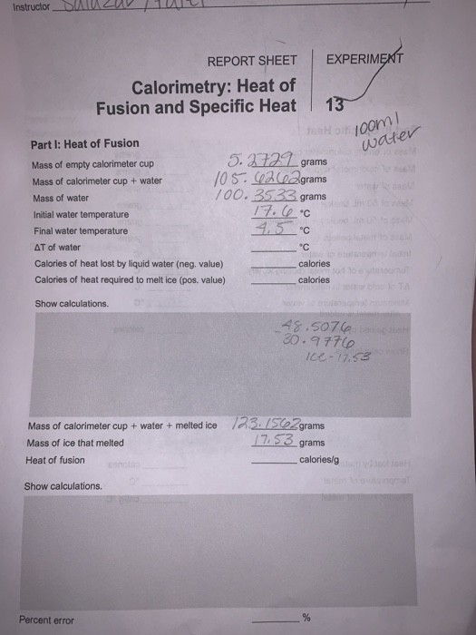 Solved Calorimetry Heat of Fusion and Specific Heat(we are