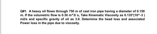 Solved Q#1. ﻿A heavy oil flows through 750m ﻿of cast iron | Chegg.com