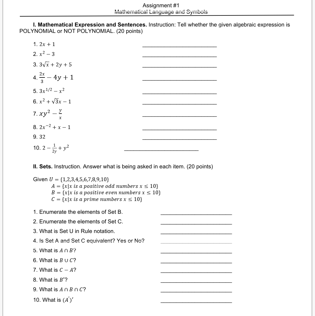 Solved Assignment #1 Mathematical Language and Symbols I. | Chegg.com