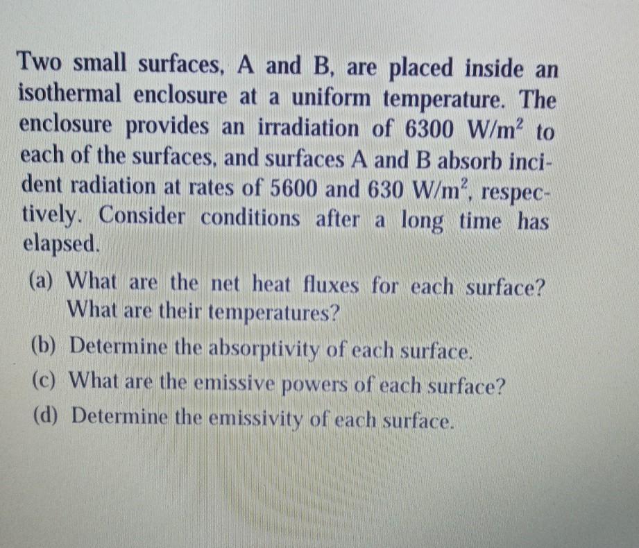 Solved Two small surfaces, A and B, are placed inside an | Chegg.com