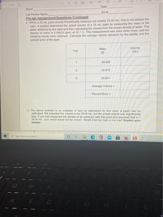 Solved + H B ora AN Name Date Lab Partner Name Bin # Pre-lab | Chegg.com