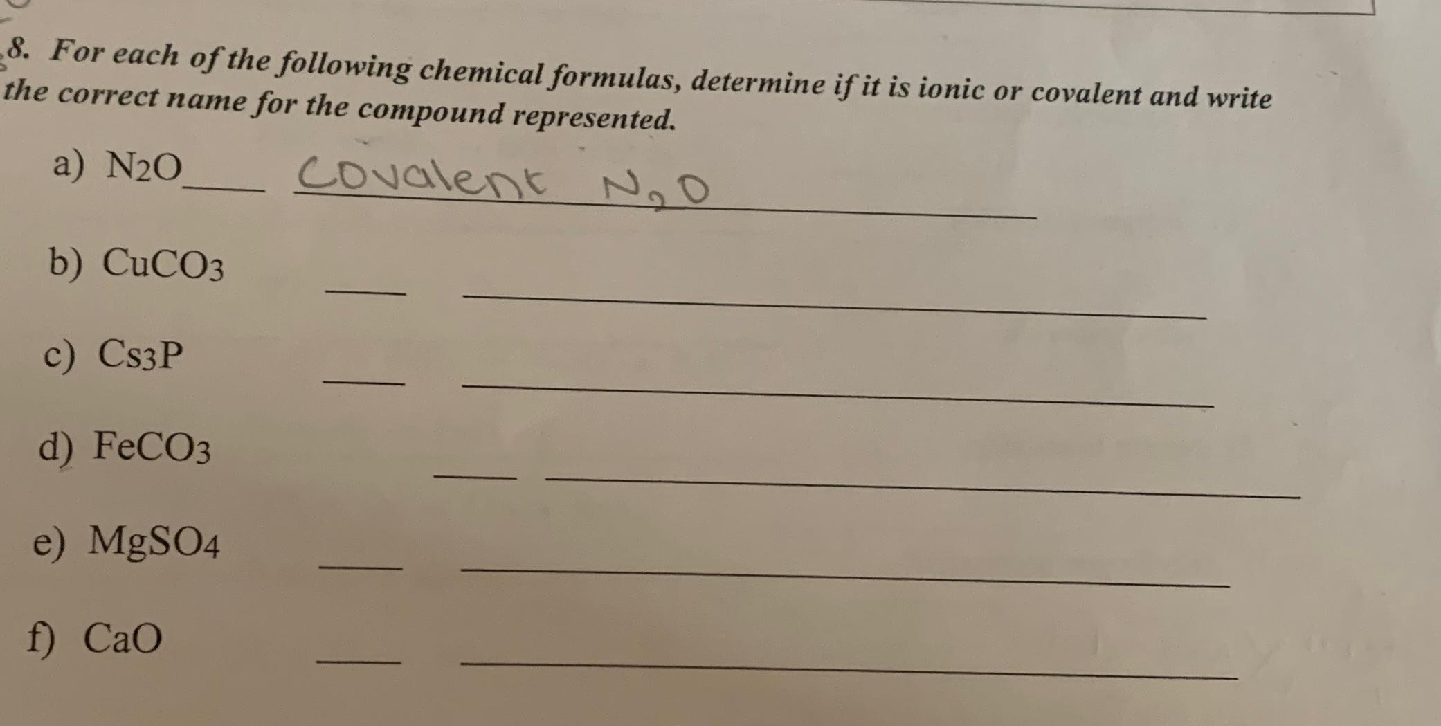 Solved For each of the following chemical formulas, | Chegg.com