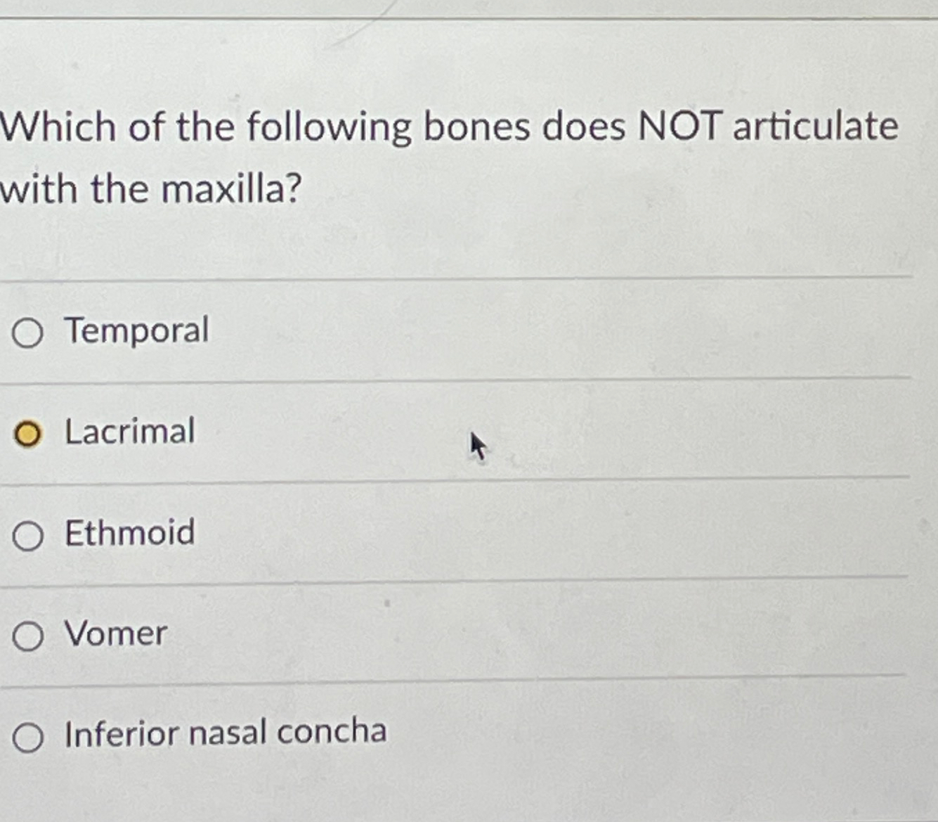 Solved Which of the following bones does NOT articulate with | Chegg.com