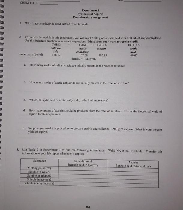 Solved CHEM 1411L Experiment 8 Synthesis of Aspirin | Chegg.com