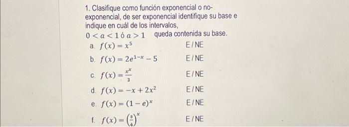 1. Clasifique como función exponencial o noexponencial, de ser exponencial identifique su base e indique en cuál de los inter