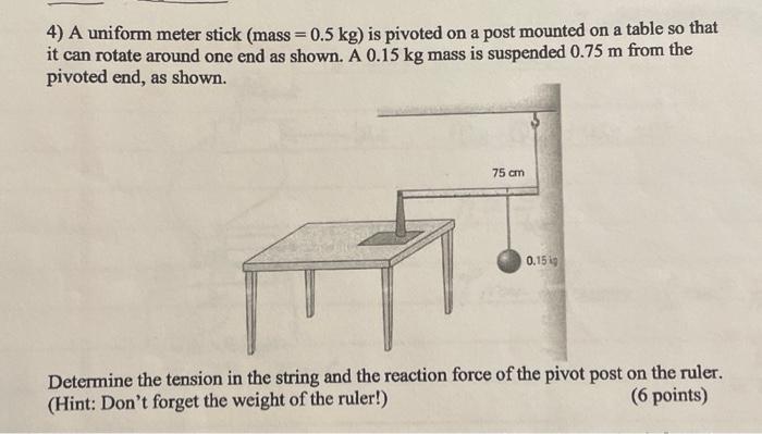 Solved 4) A uniform meter stick (mass =0.5 kg ) is pivoted | Chegg.com