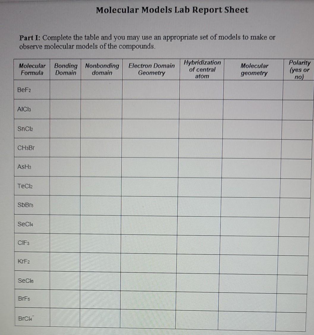 Solved Molecular Models Lab Report Sheet Part I Complete