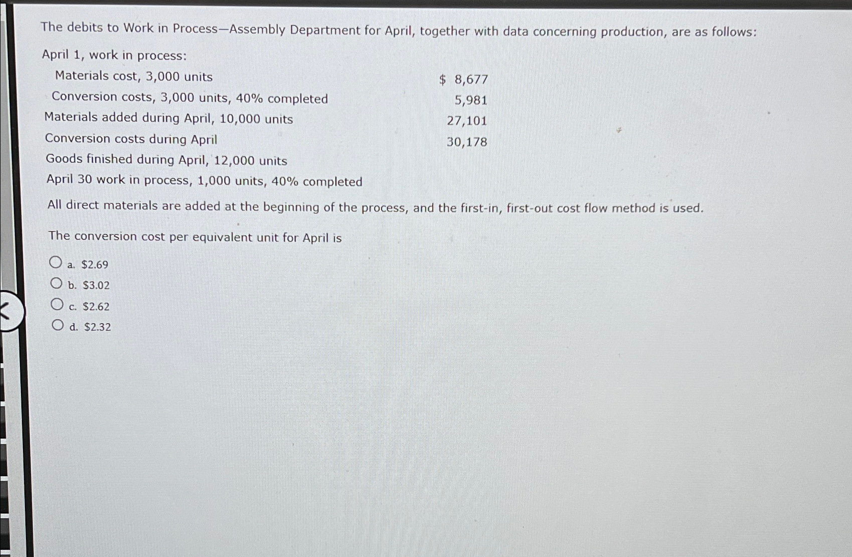 Solved The debits to Work in Process-Assembly Department for | Chegg.com