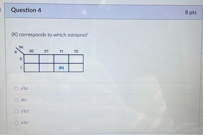 Solved (K) corresponds to which minterm? a'bc abc a′b′c′ | Chegg.com