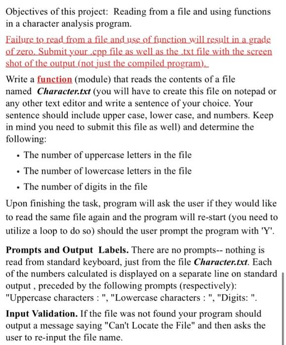 Solved Objectives of this project: Reading from a file and | Chegg.com