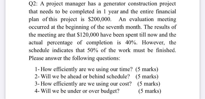 Solved Q2: A project manager has a generator construction | Chegg.com