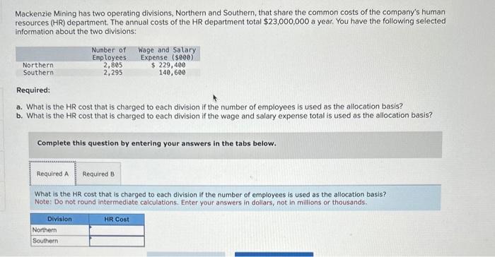 Mackenzie Mining has two operating divisions, Northern and Southern, that share the common costs of the companys human resou