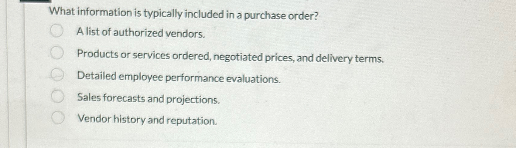 Solved What information is typically included in a purchase | Chegg.com