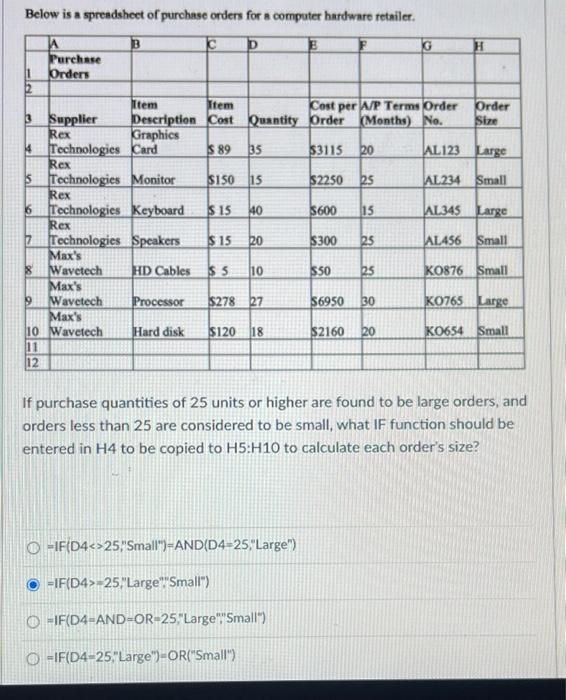 Solved Below is a spreadsheet of purchase orders for a | Chegg.com